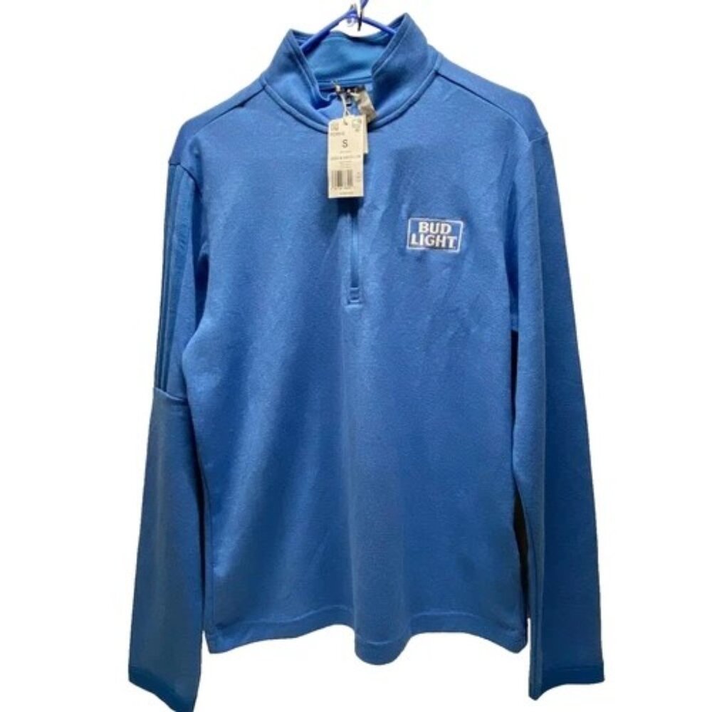 adidas Bud‎ Light Golf Shirt Men’s Small Blue Lightweight 1/4 Zip Sweatshirt NWT